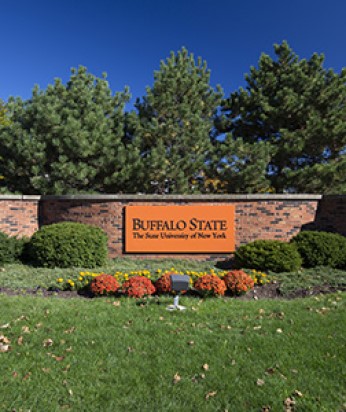 A garden with a wall behind it that has a Buffalo State sign.